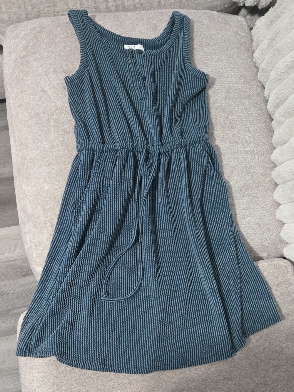 Sleeveless Knit Drawstring Dress in Teal Blue